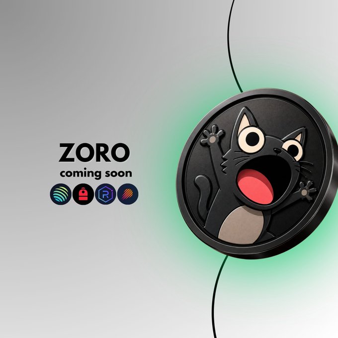 Promotional graphic for 'ZORO coming soon' featuring a startled cartoon black cat and icons for Spotify, a red padlock, a purple hexagon logo, and a rainbow symbol.