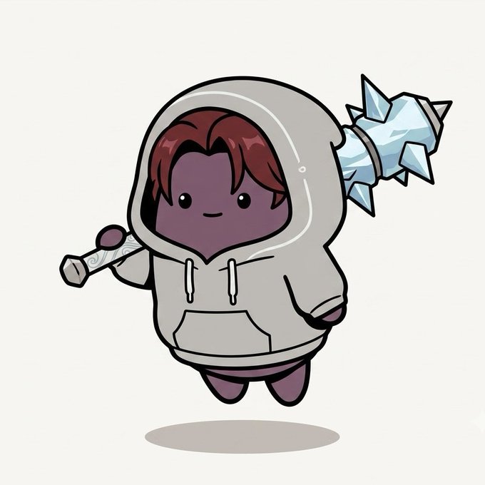 A cartoon character wearing a gray hoodie with reddish-brown hair floats while holding a decorated dagger and a crystal-encrusted item, with a small heart on its cheek.