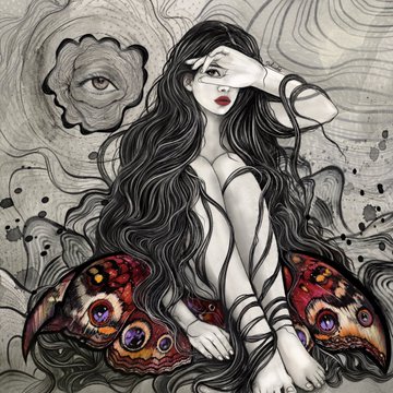 A dark fantasy illustration of a pale woman with long flowing black hair sitting on butterfly-like wings, with a large eye floating in the background.