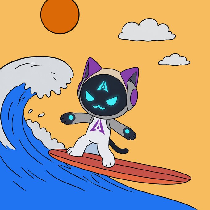 A cartoon illustration of a stylized cat character in a white and purple space suit with a glowing blue face, surfing on a red board atop a large blue wave.