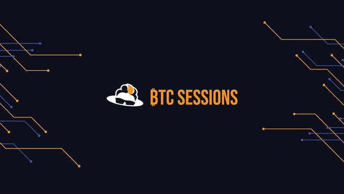 A dark banner featuring a cloud logo with a Bitcoin symbol and the text 'BTC SESSIONS' in orange, decorated with circuit-like lines.