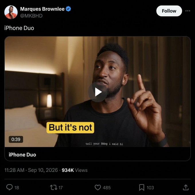A Twitter/X post from verified user Marques Brownlee (@MKBHD) featuring a video titled 'iPhone Duo' with a view count of 934K and captions 'But it's not'.