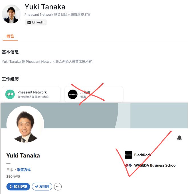 The image shows the LinkedIn profile of Yuki Tanaka, co-founder and CTO of Pheasant Network, with his previous role at BlackRock (董事, crossed out) and education at Waseda Business School also marked with a red checkmark, illustrating a post that questions whether Pheasant Network ($PNT) is genuinely connected to Tanaka or is instead "fake for work," despite claims of legitimacy tied to his resume.