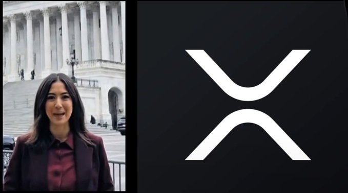 Split image showing a woman with dark hair in a maroon blazer standing outside a classical-columned building on the left, alongside the white XRP/X logo on a black background on the right.