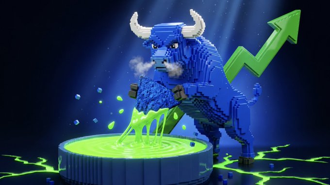 A blue LEGO-style bull charges upward beside a green rising arrow on a dark stage, standing over a bubbling vat of neon green slime spilling onto a cracked platform, while small blue and green blocks scatter through the air—visually capturing the bullish momentum referenced in the accompanying post about pairing new tokens with $BLUECHIP on the @base chain, symbolizing the creation of "the next blue chip."