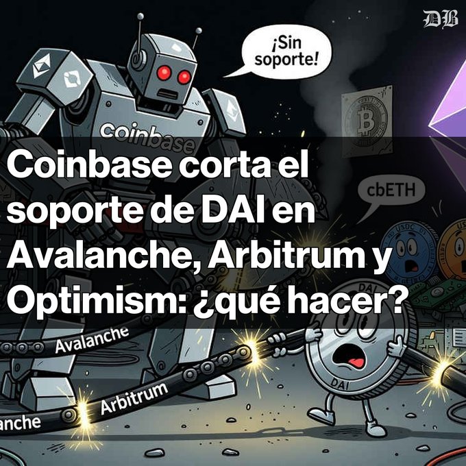 Spanish-language crypto news graphic from 'DB' featuring a cartoon robot labeled 'Coinbase' cutting chains labeled 'Avalanche' and 'Arbitrum', while a coin character labeled 'DAI' cries '¡Sin soporte!' (No support). The headline reads: 'Coinbase corta el soporte de DAI en Avalanche, Arbitrum y Optimism: ¿qué hacer?'