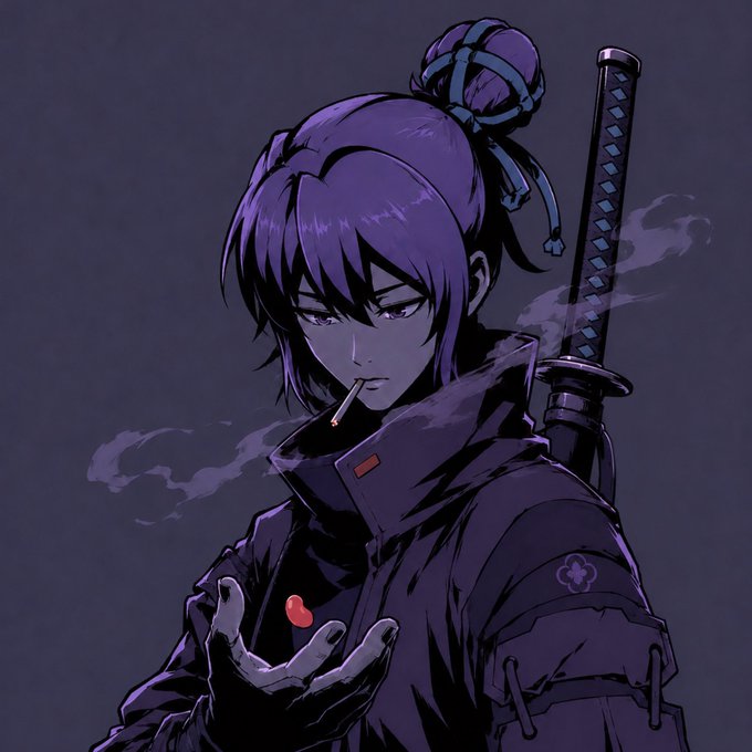 An anime-style illustration of a purple-haired character in dark clothing smoking a cigarette and holding a glowing red object, with a katana sword strapped to their back.