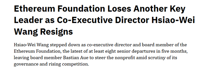 The image shows a gray background with white text that reads "Ethereum Foundation loses another key leader as Co-Executive Director Hsiao-Wei Wang Resigns". The text also mentions that both co-executive directors have left, and at least eight senior members are leaving in the last five months.