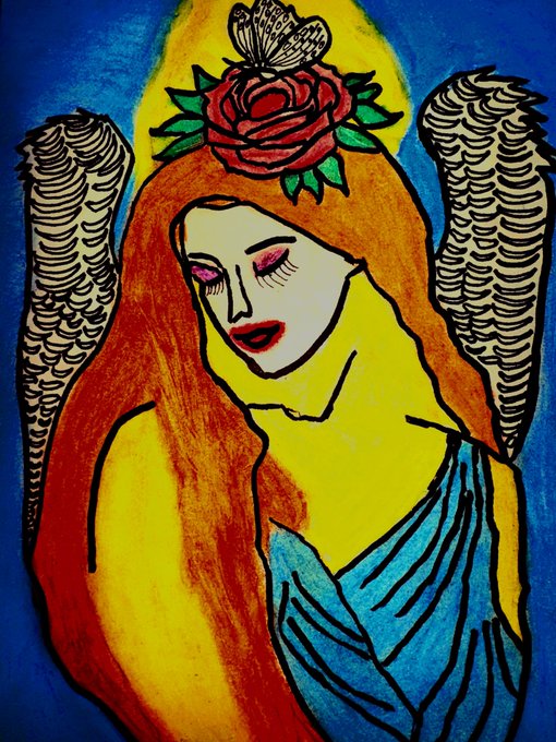 A vibrant illustration depicts a serene angel with closed eyes, flowing red hair, and a red rose crown, set against a blue background with detailed black wings, symbolizing the ethereal "Trace of Touch" artwork (198/200) shared for #TezosTuesday to celebrate $XTZ.