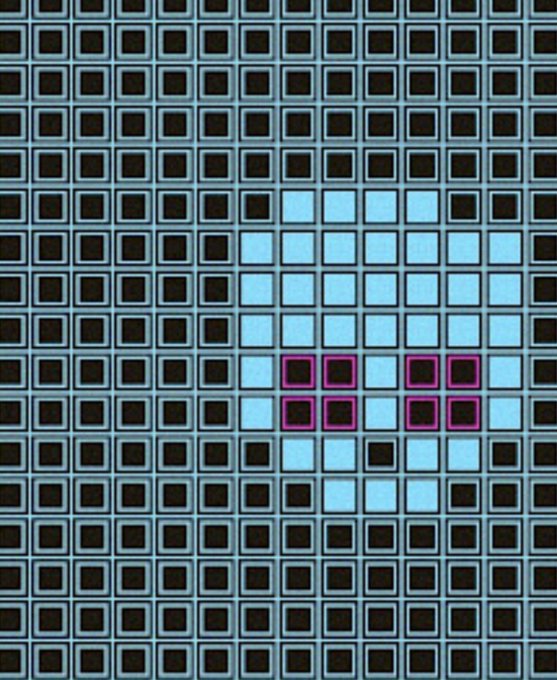 A retro video game screen showing a grid of dark squares with a pattern of light blue squares forming arrows and pink-outlined squares in the center.