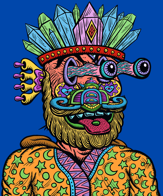 A vibrant, psychedelic illustration of a bearded figure wearing a crown of colorful crystals, distorted eyes, and an orange robe patterned with stars and moons, fitting the post's reference to the "Galaktic Gangs" art and game. The trippy, maximalist style matches the "dope art" vibe the poster is enthusiastic about.