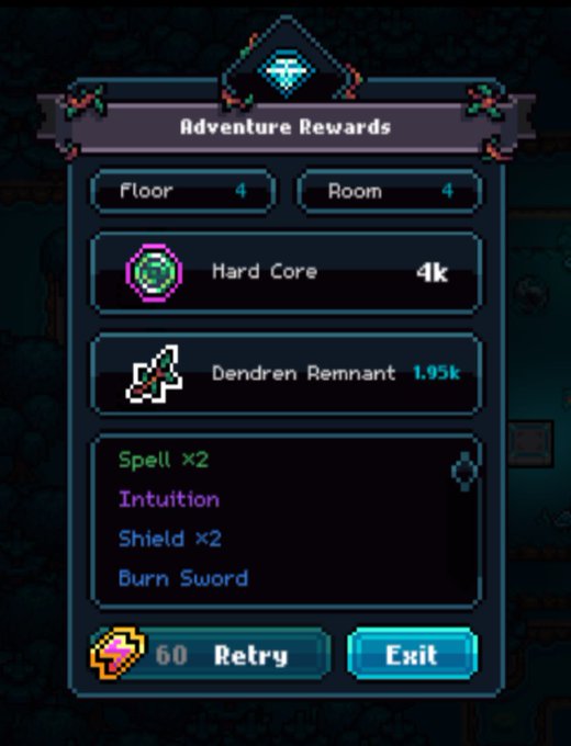 A pixel art game menu titled 'Adventure Rewards' lists items including 4k Hard Core, 1.95k Dendren Remnant, and spells like Intuition and Burn Sword.