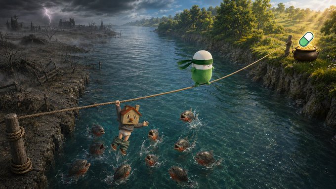 The image depicts a scene split between despair and hope, illustrating the journey of a crypto token called "$CUPSEY." On the left, a dark, stormy landscape with a ruined castle and lightning sets a bleak tone, symbolizing past struggles or market downturns. A person desperately clings to a rope, hanging over water filled with menacing fish. The rope extends across a river to a vibrant, sunlit land on the right, where a green, pill-like character wearing a green headband and sunglasses walks confidently toward a pot of gold and a green pill capsule emoji. This contrast mirrors the post's message: "$CUPSEY holders have a clear path: 100m, then 1b, then 10bil and on. We don't stop at one goal, we continue to go. Pumpfun will name us as the official mascot. It's the inevitable." The green pill character represents "$CUPSEY" itself, guiding holders from the darkness of doubt toward inevitable success, with the