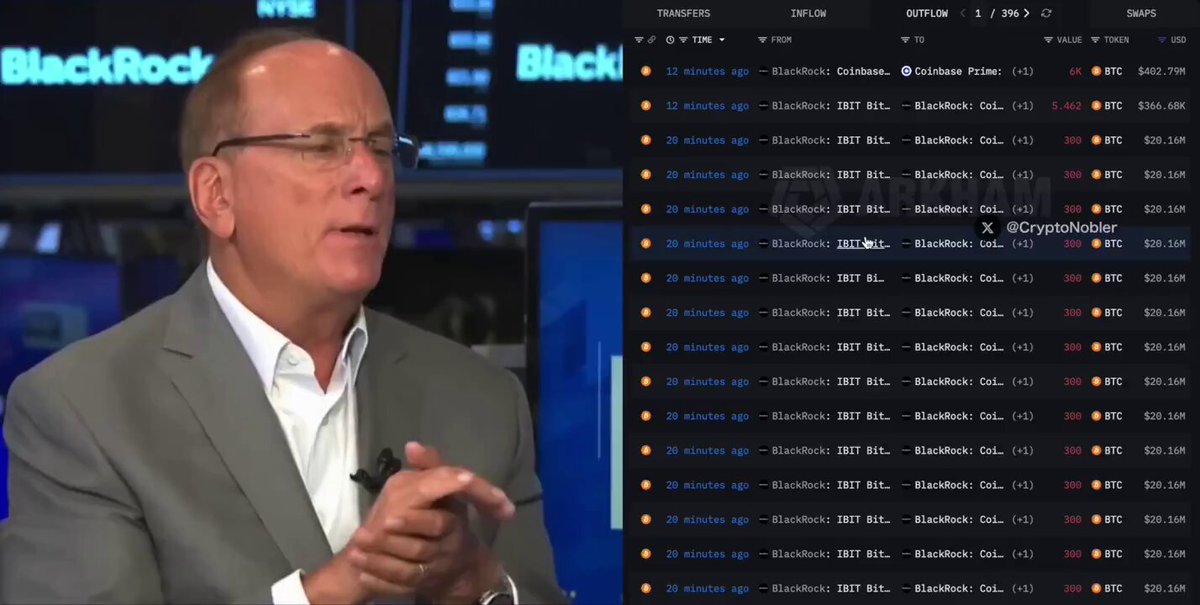 The image features a man wearing glasses, sitting at a desk with his hands on his lap while talking into a microphone. The background of the image shows a computer screen displaying stock market data, including various stock symbols such as "BlackRock" and "BTC". The text in the image also mentions Bitcoin and other financial terms related to the stock market.