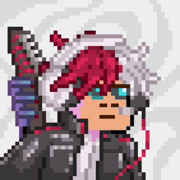 A pixel art illustration shows a character with pink hair, sunglasses, and dark futuristic armor or clothing.