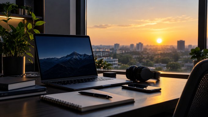 A serene workspace setup featuring a laptop, headphones, smartphone, and notebook on a desk by a window overlooking a city skyline at sunset.