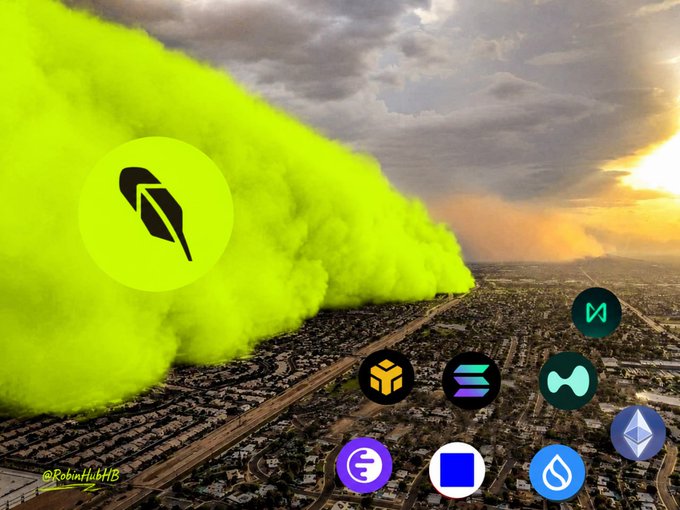 A vibrant green dust cloud emblazoned with the Robinhood feather logo barrels over a cityscape, while various cryptocurrency and blockchain logos—including Solana, NEAR, and Sui—scatter below. The image vividly illustrates the "Robinhood szn" post, symbolizing a wave of altcoin momentum and retail-driven crypto excitement sweeping the market.