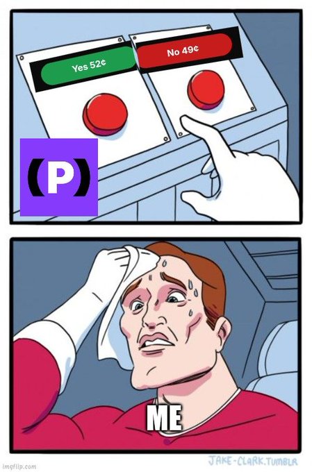 The comic shows a sweaty, stressed-out person mopping their brow in the bottom panel labeled "ME," reacting to the top panel where a hand is about to press a decision button showing "Yes 52¢" and "No 49¢" options. The image humorously illustrates the anxiety of trading on Polymarket (indicated by the "P" logo), specifically the tense feeling of making quick decisions on 5-minute prediction markets where the outcomes are nearly evenly split.