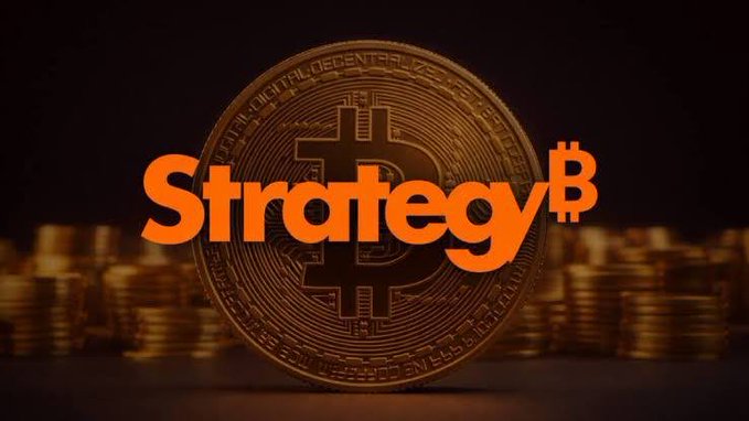 The image features a prominent Bitcoin coin with the word "Strategy" and a Bitcoin "₿" symbol overlaid in bold orange text, accompanied by stacks of gold coins in the background. This visual ties directly to the post about Strategy's (formerly MicroStrategy) significant $2 billion capital raise and growing $6.69 billion cash reserves as they temporarily pause Bitcoin purchases.