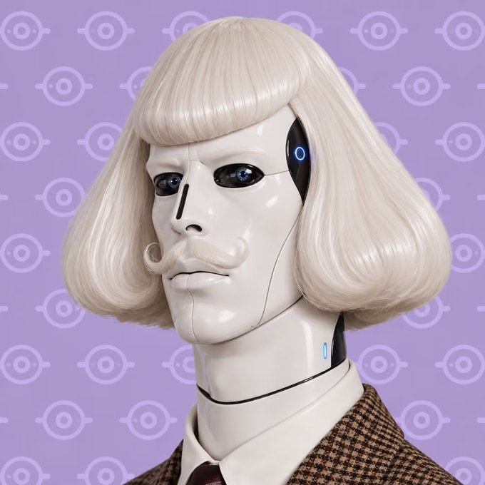 A glossy white robotic bust with a blonde bob wig, curled mustache, and glowing blue eyes poses against a lavender background patterned with stylized eye motifs. The image connects to the post's wordplay, showing an "Albino" android whose pale, porcelain-like face and white hair emphasize the albino aesthetic referenced in the caption.