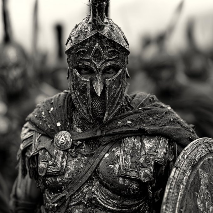 A black and white portrait of a warrior wearing an ornate, weathered metal helmet and armor, with other soldiers visible in the blurred background.