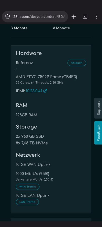 A mobile screenshot showing a server configuration page with 8x 7.68 TB NVMe storage, 128GB RAM, and an AMD EPYC 7502P processor, relevant to the post's discussion about needing 10+ NVMe drives for TerraClassic due to storage capacity and RAID considerations.