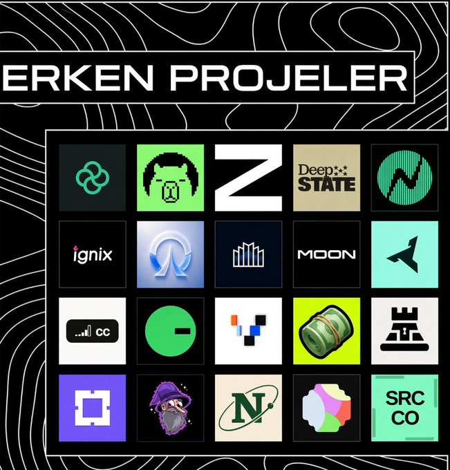 A graphic titled 'ERKEN PROJELER' (Turkish for 'Early Projects') displays a 4x5 grid of various tech and crypto project logos including ignix, MOON, and SRC CO.
