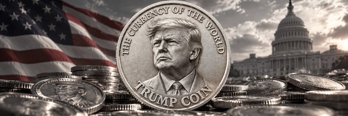 A promotional image featuring a large 'TRUMP COIN' with Donald Trump's portrait and 'THE CURRENCY OF THE WORLD' inscribed on it, displayed against a backdrop of the U.S. Capitol and American flag.