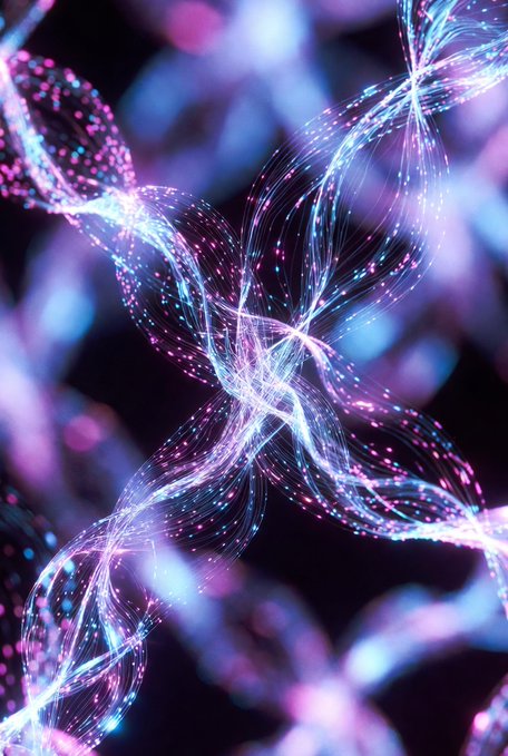 A glowing, abstract double-helix structure of interconnected light strands in pink and blue symbolizes the complex, intertwined architecture of quantum-classical computing networks. The image visually reinforces the post's message about Quipnetwork simplifying access to diverse hardware like CPUs, GPUs, ASICs, and quantum processors through a unified marketplace.