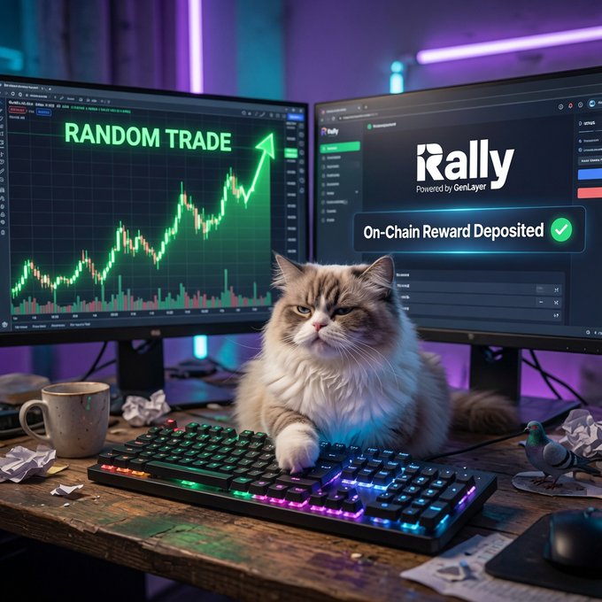 An AI-generated scene of a fluffy cat sitting at a RGB gaming keyboard in front of two monitors displaying 'RANDOM TRADE' chart and 'Rally Powered by GenLayer' with 'On-Chain Reward Deposited' notification.