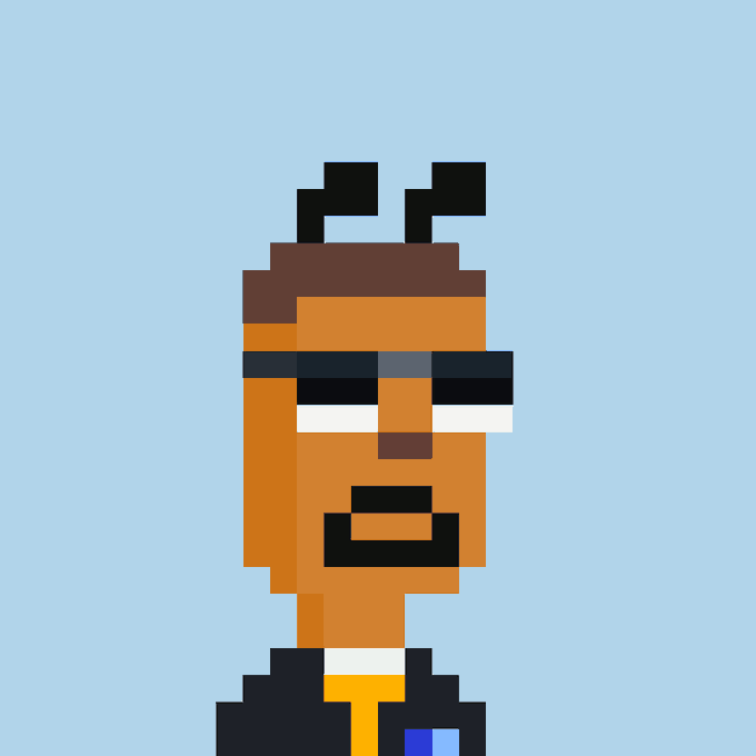 A pixel art portrait of a man with brown skin, dark sunglasses, a goatee, and short black hair, wearing a black suit with a yellow tie on a blue background.