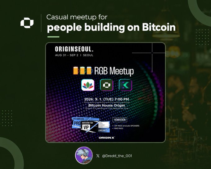 A promotional graphic for an "RGB Meetup" in Seoul from August 31 to September 2, featuring Bitcoin branding and the text "Casual meetup for people building on Bitcoin."