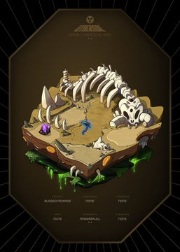 A digital illustration showing a floating island arena with a dinosaur skeleton and a small figure, labeled with various monster stats like 'RUMORED PECKING', 'ZOMBIE', and 'DINOSAURIANS'.