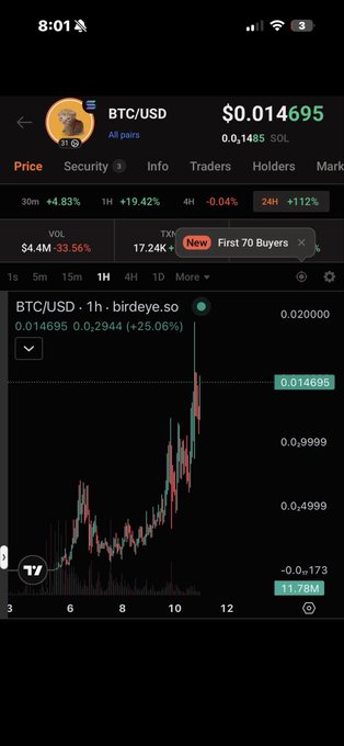 A smartphone screenshot displays the BTC/USD trading pair on birdeye.so with a 24-hour increase of +1.12% and a current price of $0.014695.