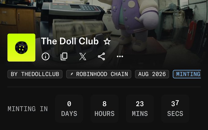 This image shows a Roblox NFT project called "The Doll Club" by @thedollclub, set to mint on the Robinhood Chain in August 2026 with a countdown of 0 days, 8 hours, 23 minutes, and 37 seconds remaining. The "Minting" status tag and free mint details align with the post highlighting this as a potential mint opportunity, though the post mentions a 3333 supply which isn't directly visible in the image.