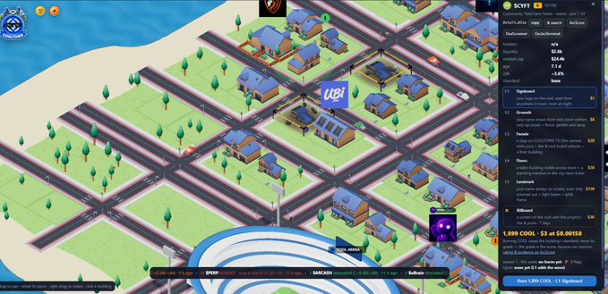A screenshot of the video game Bitlife showing a 3D isometric city view with residential neighborhoods, police stations, and a right-side mission panel titled 'Script.'