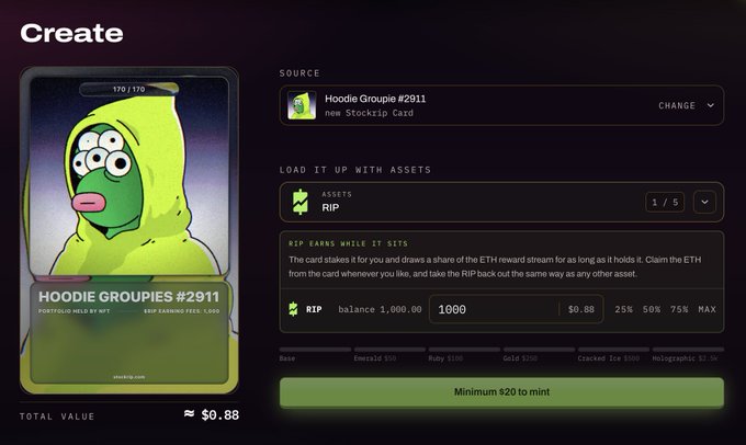 A screenshot of a digital asset creation interface titled "Create", showing a green "Hoodie Groupie #2911" NFT card with a total value of approximately $0.88.