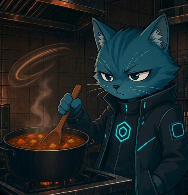 An anime-style illustration of an anthropomorphic blue cat character wearing a dark futuristic jacket with glowing cyan accents, seriously stirring a steaming pot of stew in a kitchen setting.