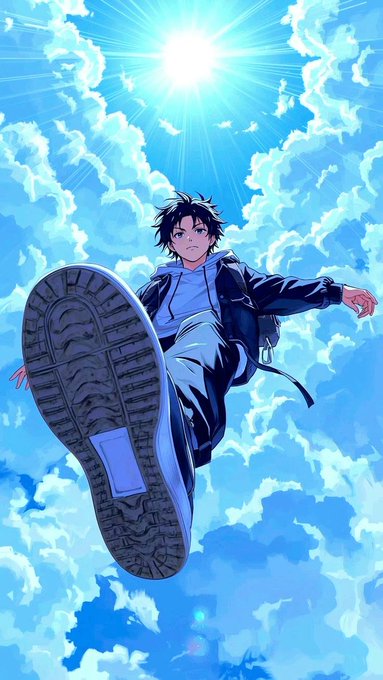 An anime-style illustration depicts a young man with dark hair leaping into a bright blue sky filled with clouds, with the sole of his shoe facing the viewer.