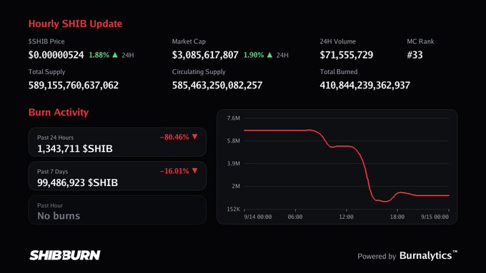 A dark-themed cryptocurrency dashboard titled 'Hourly SHIB Update' displays Shiba Inu token statistics, including a price of $0.0000524, market cap, and a 'Burn Activity' chart.