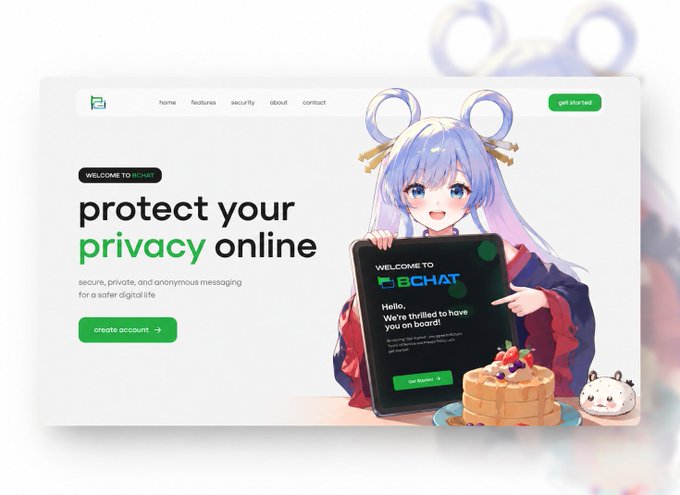 A website landing page for P.BCHAT features an anime-style girl with blue hair and ring buns holding a tablet displaying 'WELCOME TO P.BCHAT' and 'Hello, We're thrilled to have you on board!', alongside the text 'protect your privacy online' and a 'create account' button.