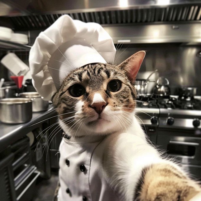 A close-up photo of a tabby cat wearing a white chef's hat and coat in a commercial kitchen.