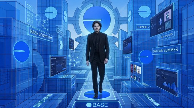 A futuristic digital illustration of a man in a black suit walking through a blue sci-fi corridor labeled 'BASE ECOSYSTEM,' 'LAYER 2,' 'ONCHAIN SUMMER,' and 'NFT GALLERY,' with various data screens on the walls.