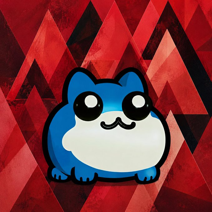 Cartoon illustration of a chubby blue and white cat-like character with large eyes against a red geometric triangular background.