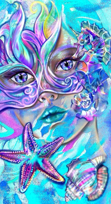 A vibrant, surreal digital artwork featuring a stylized female face with striking purple-blue eyes, adorned with a flower, a starfish, and seashells in a fantasy sea-inspired color palette.