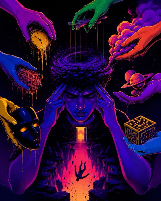 A vibrant, surreal illustration depicts a central figure pressing their temples in distress while their head transforms into a swirling vortex, surrounded by colorful hands offering symbolic objects—a melting clock, a brain, a brain in a jar, a brain with rings like Saturn, a mask, a figure falling into a glowing chasm, and a maze-like box—visually representing the overwhelming mental chaos and endless struggles of trying again each day, as referenced in the accompanying "GM CT" message about perseverance.