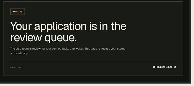 A dark status screen displaying 'Your application is in the review queue' with a 'PENDING' label, noting that the page refreshes automatically and submission was on 19.09.2020.