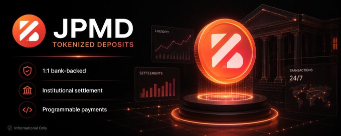 A promotional banner for JPMD Tokenized Deposits highlights features including 1:1 bank-backed, institutional settlement, and programmable payments with a glowing orange token emblem.