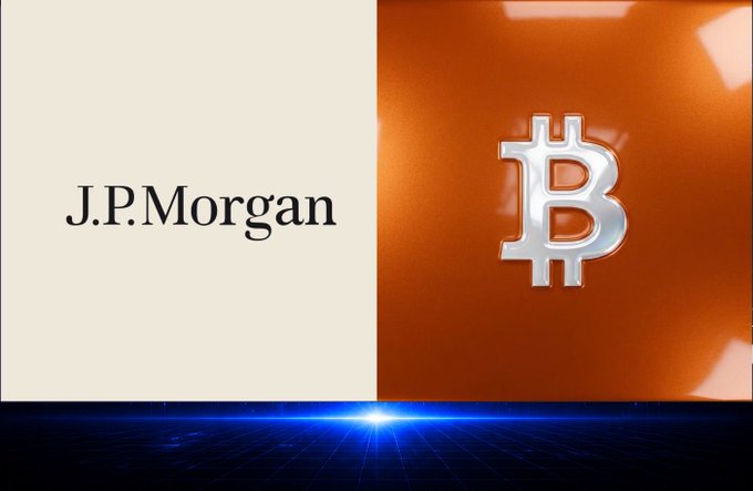 A split-screen graphic showing the J.P. Morgan logo on a cream background on the left and a metallic Bitcoin symbol on an orange background on the right, with a blue glow at the bottom suggesting a partnership or comparison.