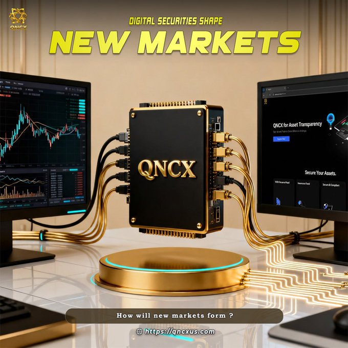 A golden "QNCX" branded hardware device connects two monitors displaying financial charts and a website reading "QNCX for Asset Transparency—Secure Your Assets," with the headline "Digital Securities Shape New Markets" and footer text "How will new markets form?" above the URL "https://qncxus.com."